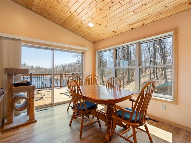 dining room featuring wooden ceiling, a water view, vaulted ceiling, and wood finished floors