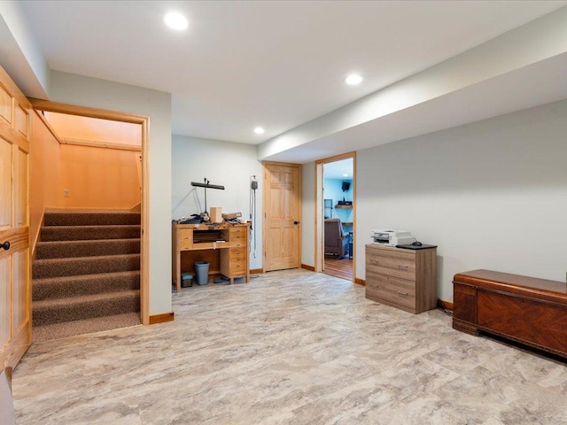 interior space with recessed lighting, baseboards, and stairway