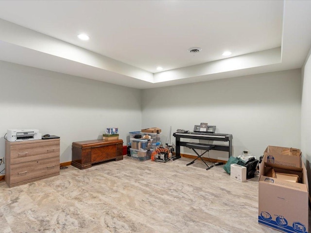 interior space with carpet floors, recessed lighting, baseboards, and visible vents