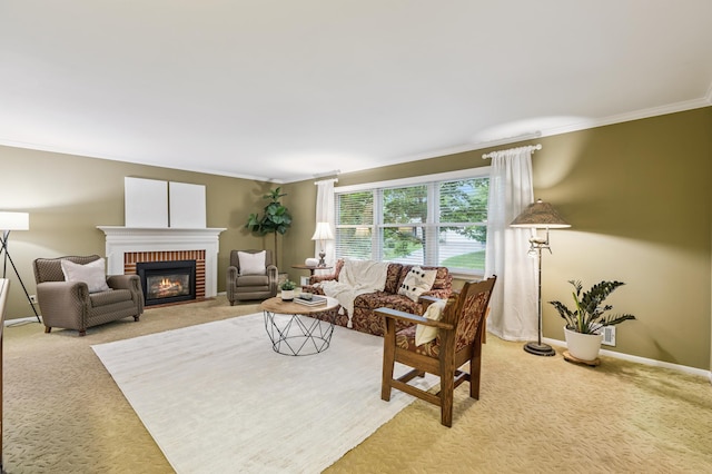 15325 Holdridge Dr E, Minnetonka, MN 55391 - living room with light colored carpet, ornamental molding, and a fireplace