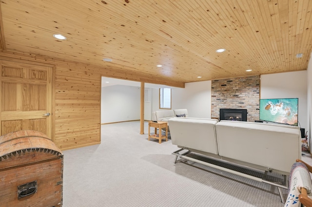 15325 Holdridge Dr E, Minnetonka, MN 55391 - living room with carpet floors, a fireplace, recessed lighting, and wood ceiling