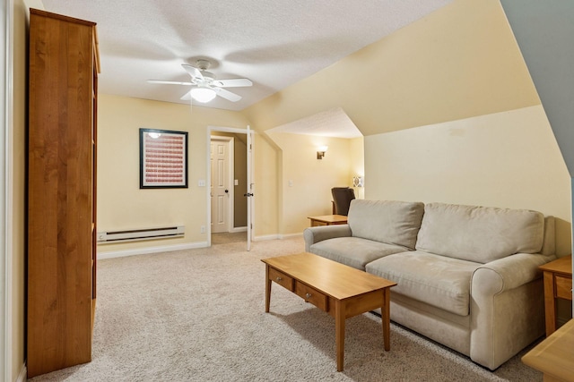 5320 132nd St W, Apple Valley, MN 55124 - living room with a textured ceiling, a baseboard radiator, light colored carpet, baseboards, and a ceiling fan