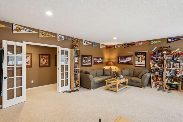 5320 132nd St W, Apple Valley, MN 55124 - living room with carpet, french doors, a textured ceiling, and baseboards