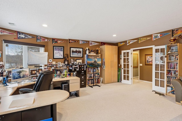 5320 132nd St W, Apple Valley, MN 55124 - carpeted home office featuring recessed lighting, a textured ceiling, visible vents, and french doors