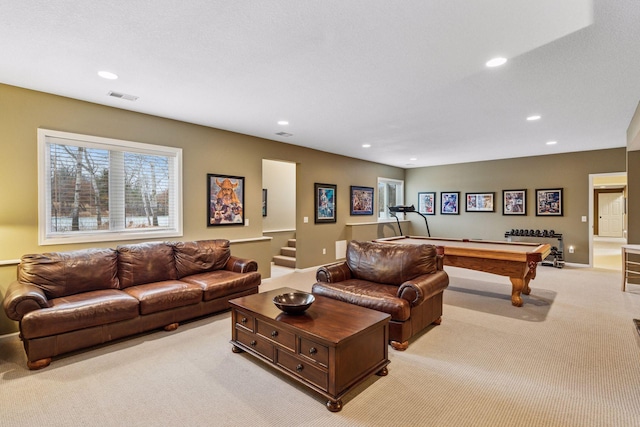 5320 132nd St W, Apple Valley, MN 55124 - living area with visible vents, baseboards, recessed lighting, light carpet, and pool table
