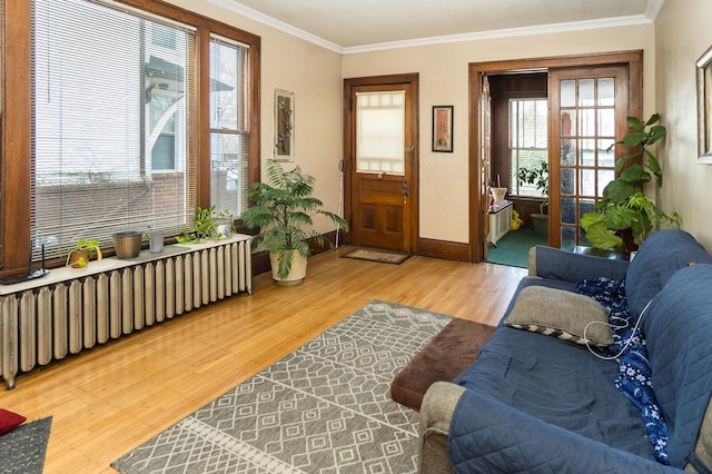 living room featuring radiator, light wood-type flooring, baseboards, and ornamental molding