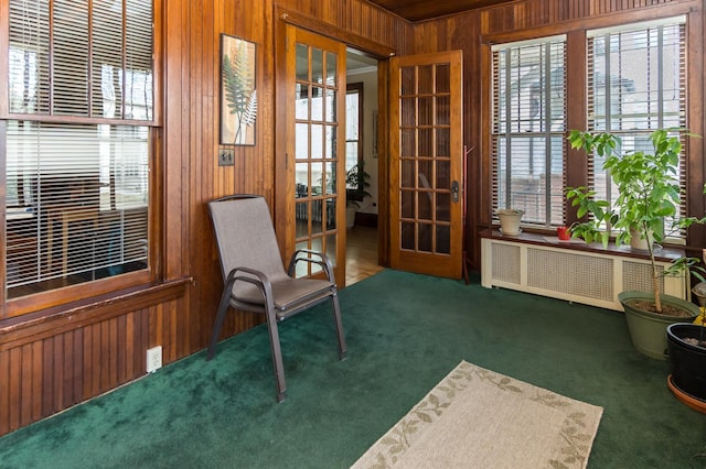 living area with wooden walls, a healthy amount of sunlight, carpet floors, and radiator