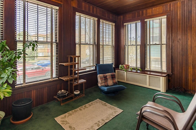 interior space with wooden ceiling, wood walls, radiator, and carpet floors