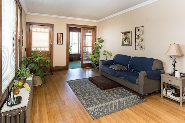 living area with hardwood / wood-style flooring, baseboards, and ornamental molding