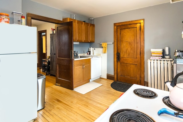 kitchen featuring radiator, brown cabinets, light wood finished floors, light countertops, and white appliances