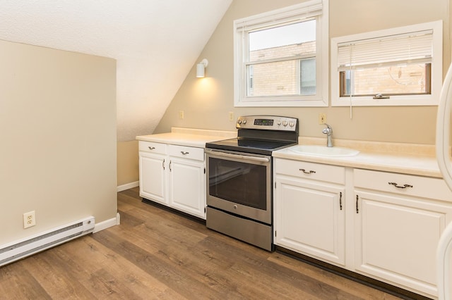 kitchen featuring a baseboard radiator, dark wood finished floors, electric stove, and white cabinets