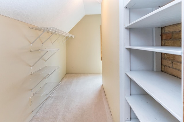 spacious closet with vaulted ceiling and carpet floors