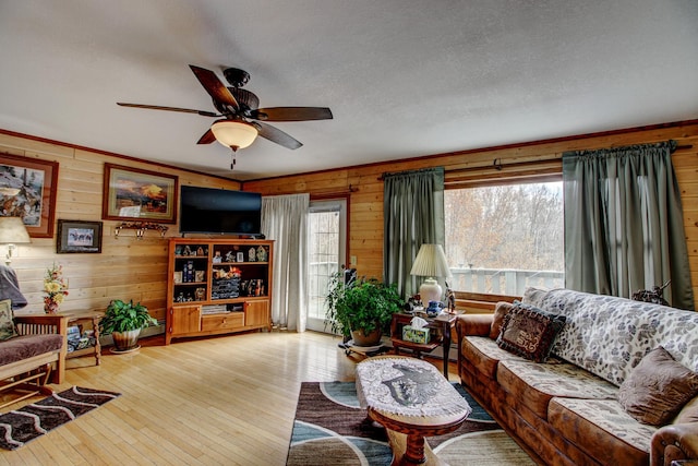 6775 State 87 SW, Backus, MN 56435 - living room with wood-type flooring, wood walls, and a ceiling fan