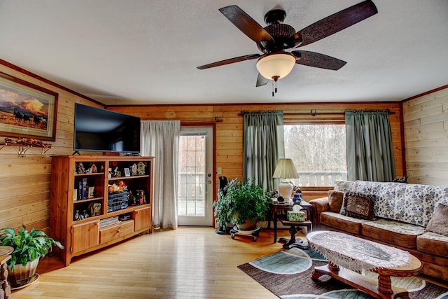 6775 State 87 SW, Backus, MN 56435 - living room with light wood-type flooring, a ceiling fan, and wooden walls