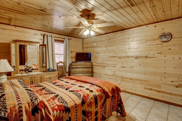 6775 State 87 SW, Backus, MN 56435 - bedroom with a ceiling fan, wood ceiling, light tile patterned floors, and wooden walls