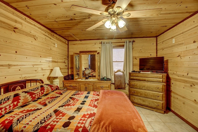 6775 State 87 SW, Backus, MN 56435 - bedroom featuring wooden ceiling, wood walls, and light tile patterned flooring