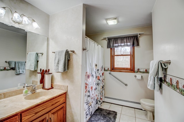 6775 State 87 SW, Backus, MN 56435 - bathroom featuring a shower with curtain, vanity, tile patterned floors, a baseboard heating unit, and toilet