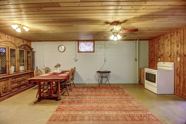 6775 State 87 SW, Backus, MN 56435 - dining room with concrete block wall, concrete flooring, wooden walls, and wooden ceiling