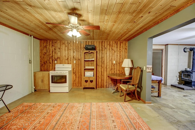 6775 State 87 SW, Backus, MN 56435 - living area featuring a wood stove, ceiling fan, wooden walls, wood ceiling, and concrete block wall