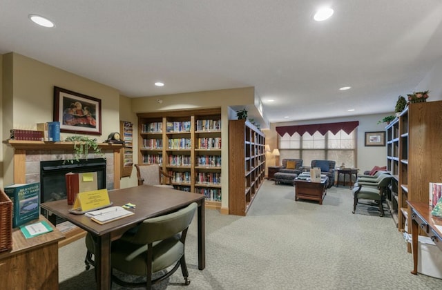 5650 Boone Ave N Unit 315, New Hope, MN 55428 - home office with a tile fireplace, carpet flooring, and recessed lighting
