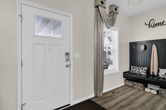mudroom featuring a wealth of natural light, wood finished floors, and baseboards