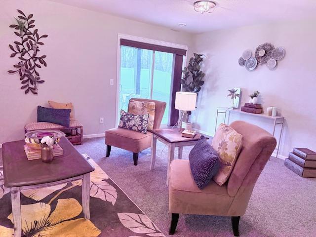 carpeted living room featuring baseboards