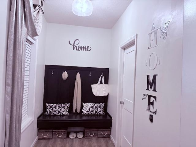 mudroom with wood finished floors and baseboards