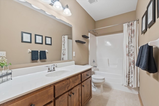 bathroom with tile patterned flooring, visible vents, toilet, vanity, and shower / tub combo with curtain