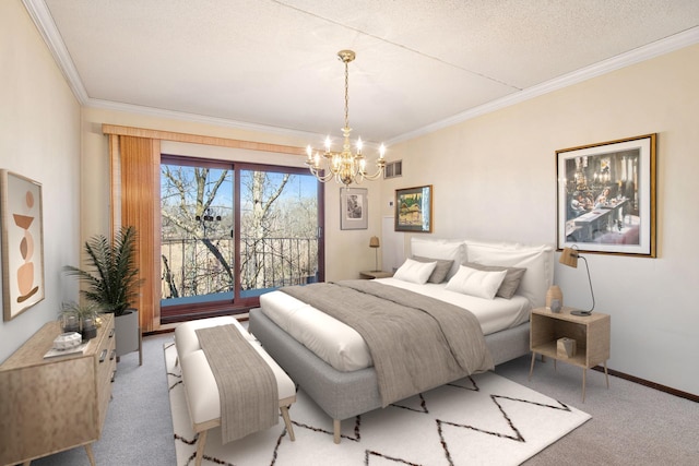bedroom featuring a chandelier, carpet floors, visible vents, and ornamental molding