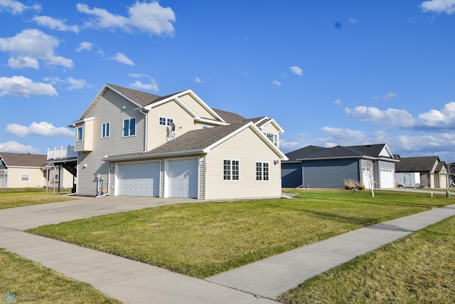 traditional-style home with a residential view, a shingled roof, a front yard, and concrete driveway