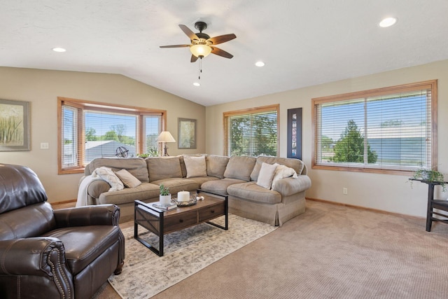 living area with vaulted ceiling, ceiling fan, recessed lighting, carpet, and baseboards