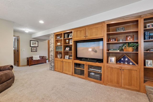 carpeted living area with a textured ceiling