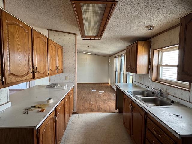 kitchen featuring brown cabinets, a sink, a textured ceiling, and light countertops