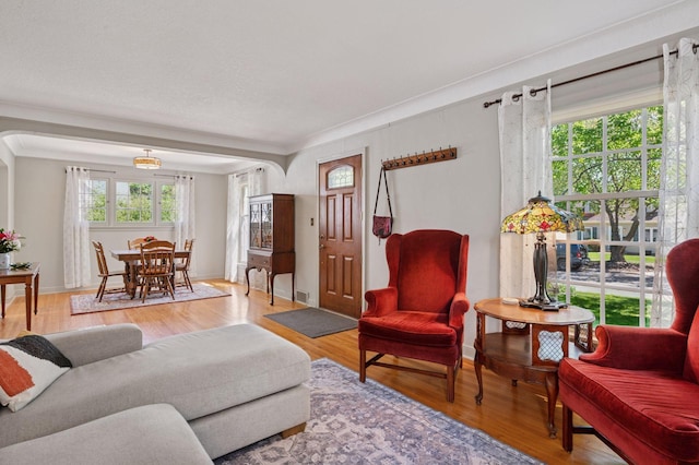 living room featuring light wood-style flooring, ornamental molding, and baseboards