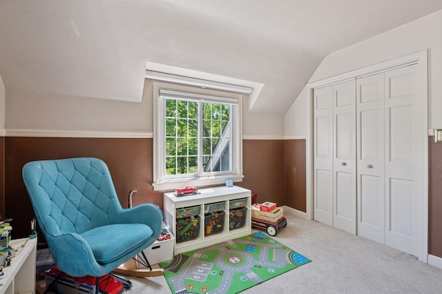 playroom with lofted ceiling and carpet flooring