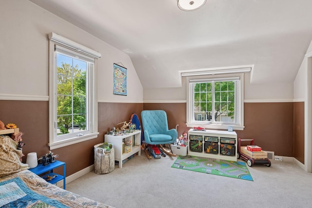 carpeted bedroom featuring multiple windows, lofted ceiling, and baseboards