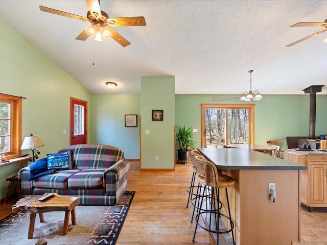 1587 Stallion Rd SW, Pillager, MN 56473 - living area with a wood stove, ceiling fan with notable chandelier, and plenty of natural light