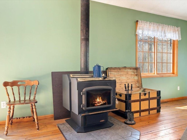 1587 Stallion Rd SW, Pillager, MN 56473 - interior details featuring a wood stove, baseboards, and wood finished floors
