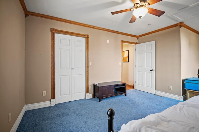 13150 345th Ave, Waseca, MN 56093 - bedroom featuring ceiling fan, baseboards, crown molding, and carpet