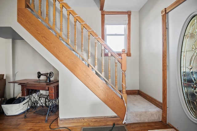 13150 345th Ave, Waseca, MN 56093 - foyer featuring stairway, baseboards, wood finished floors, and visible vents