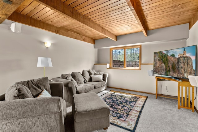 carpeted living area featuring beamed ceiling, wooden ceiling, and baseboards