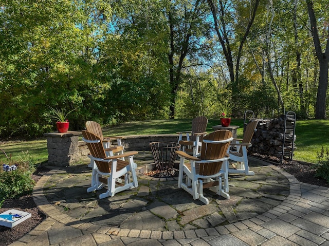view of patio / terrace with a fire pit