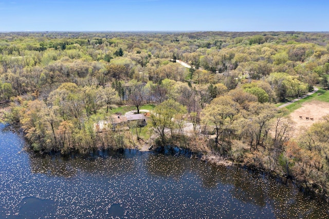 view of property location featuring a forest and a nearby body of water