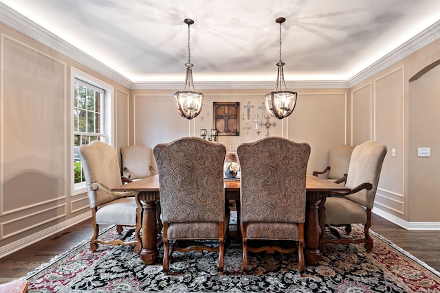 2012 Pine Ridge Dr W, Saint Paul, MN 55118 - dining area with dark wood-type flooring, ornamental molding, a decorative wall, and an inviting chandelier