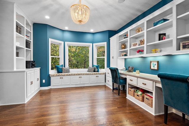 2012 Pine Ridge Dr W, Saint Paul, MN 55118 - office featuring built in study area, recessed lighting, dark wood finished floors, and a notable chandelier