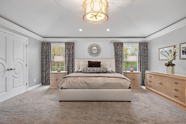 2012 Pine Ridge Dr W, Saint Paul, MN 55118 - carpeted bedroom with crown molding, recessed lighting, baseboards, and a chandelier