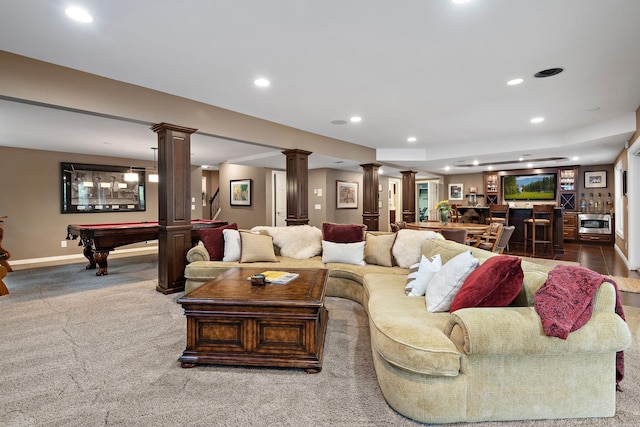 2012 Pine Ridge Dr W, Saint Paul, MN 55118 - carpeted living room with decorative columns, pool table, baseboards, bar area, and recessed lighting