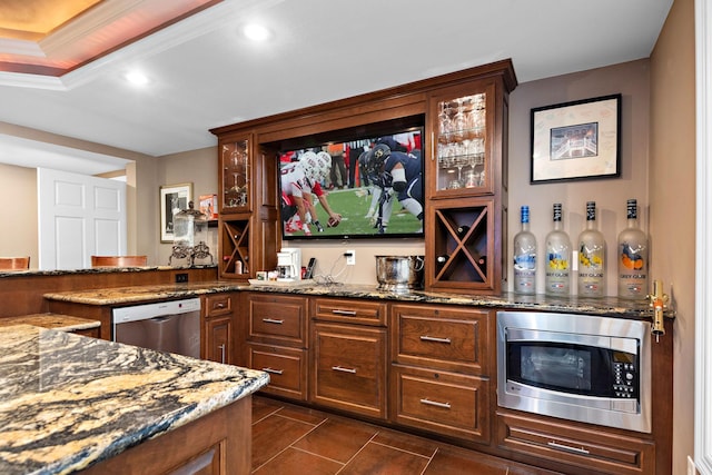 2012 Pine Ridge Dr W, Saint Paul, MN 55118 - bar with indoor wet bar, recessed lighting, dark tile patterned floors, and appliances with stainless steel finishes