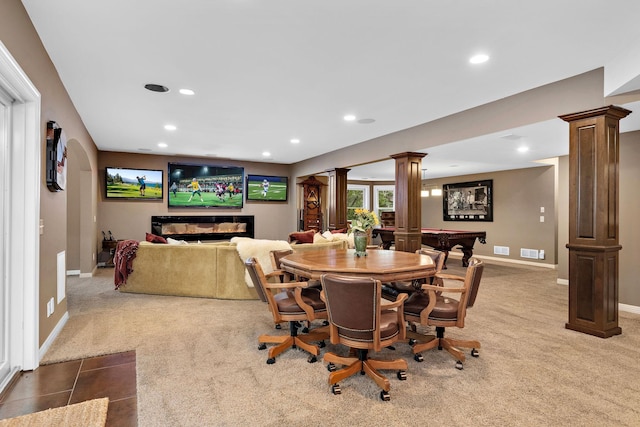 2012 Pine Ridge Dr W, Saint Paul, MN 55118 - carpeted dining space featuring baseboards, decorative columns, and recessed lighting