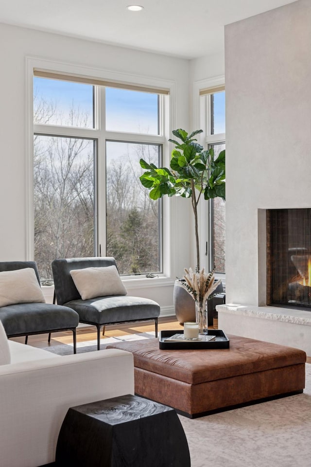living area with a high end fireplace and recessed lighting